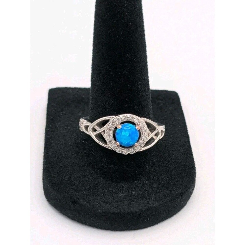 Synthetic Opal Cabochon CZ Halo Ring Trinity Celtic Band Silver Toned Plated